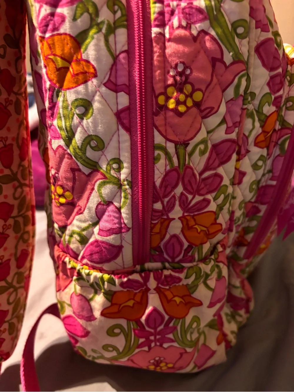 Vera Bradley Pink Quilted Floral Backpack with Orange & Green Accents